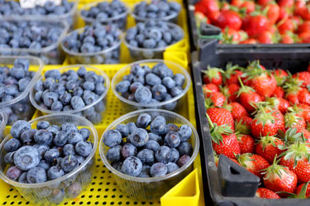 Blueberries and strawberries at farmer marketの写真素材