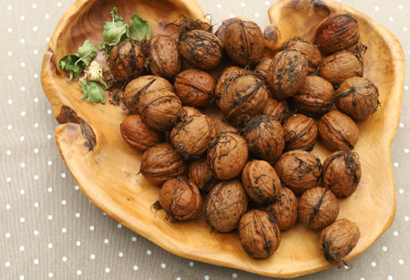 Fresh harvest walnuts with shells and water drops in wooden bowl. Walnuts details