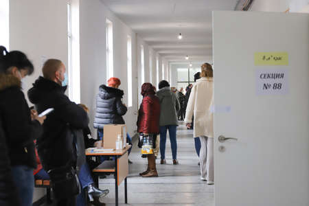 Polls are opening for voting for Bulgaria's third parliamentary election this year and 2 in 1 elections for President in Sofia, Bulgaria on NOV 14, 2021のeditorial素材