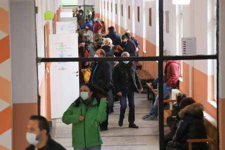 Polls are opening for voting for Bulgaria's third parliamentary election this year and 2 in 1 elections for President in Sofia, Bulgaria on NOV 14, 2021のeditorial素材