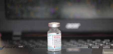 Sofia, Bulgaria â NOV 22, 2021: Vials of Moderna and Janssen Vaccines for coronavirus cure, vaccine for Covid -19 pandemic at the corona vaccination centres worldwideのeditorial素材
