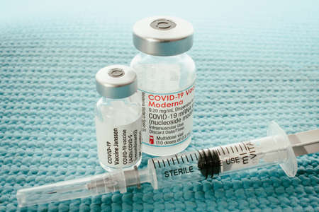 Sofia, Bulgaria â NOV 22, 2021: Vials with the Moderna and Janssen Covid-19 vaccine are used at the corona vaccination centres worldwideのeditorial素材