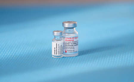 Sofia, Bulgaria â NOV 22, 2021: Vials of Moderna and Janssen Vaccines for coronavirus cure, vaccine for Covid -19 pandemic at the corona vaccination centres worldwideのeditorial素材