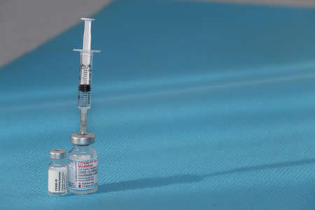 Sofia, Bulgaria â NOV 22, 2021: Vials with the Moderna and Janssen Covid-19 vaccine are used at the corona vaccination centres worldwideのeditorial素材