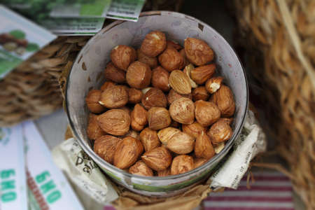 Bowl of raw peeled hazelnuts. Vegan foodの写真素材