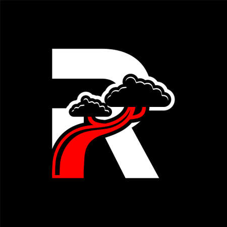 Initial "R" illustration In Japanese Style With Bonsai Tree, Perfect for Japanese, organic product or Japanese organization.のイラスト素材