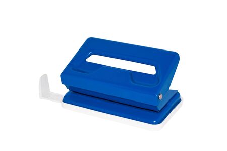 Blue office hole puncher isolated on a whiteの写真素材