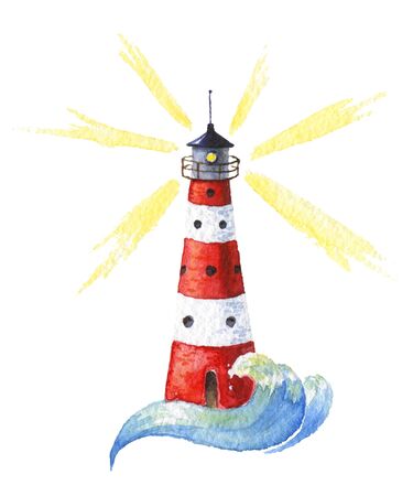 Watercolor, light beacon in the sea or ocean. Symbols and icons on the marine theme.の写真素材