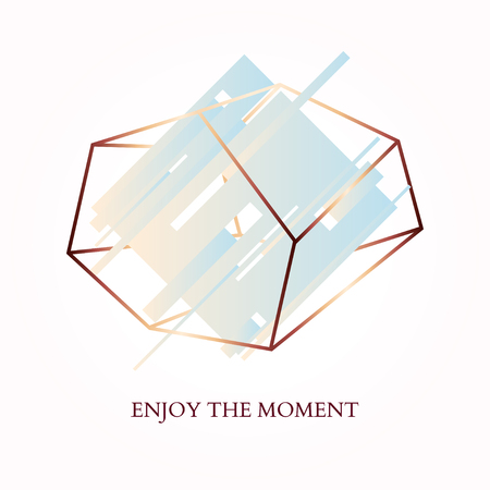 Abstract geometric poster. Quote - Enjoy the moment. In the style of art Deco and Memphis. Blue rhombus in a bronze crystal on a powder pink background. Vector. Design template brochure or cover.の写真素材