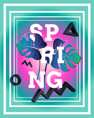 Design poster in style 80s, 90s. Bright colorful pink background. Collage with volume zigzags in the perspective and leaf of monstera . Memphis style. Bronze outline. Vector. Spring poster.のイラスト素材