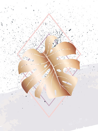 Abstract creative poster. Geometric shapes and monstera leaf. In the style of art deco and Memphis. Gold tropical leaf on the texture spray and grey brushstroke. Use for cover design or placard.のイラスト素材