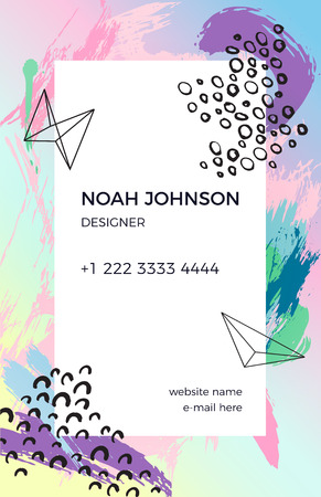 Template of business card in pink, purple and blue pastel colors. Artistic texture. Brush strokes. Creative abstract background. Colorful and bright cover. Suitable for use for the designer or artist.のイラスト素材