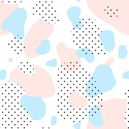 Abstract seamless chaotic pattern. Military and memphis style. Modern wallpaper in trendy pastel colors. Pink, blue and black. Background texture with spots and dots. Repeat endless design. Vectorのイラスト素材