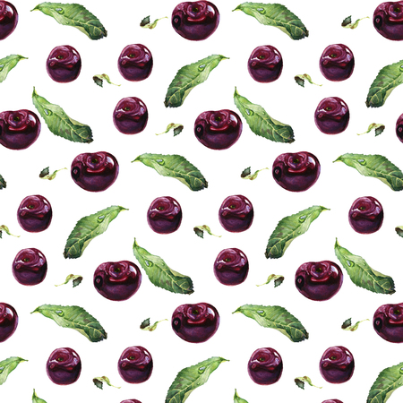 Seamless pattern. Hand drawn watercolor realistic illustration. Vinous cherry. Isolated on white background. Red berries. Juicy, fresh, eco-friendly.の写真素材