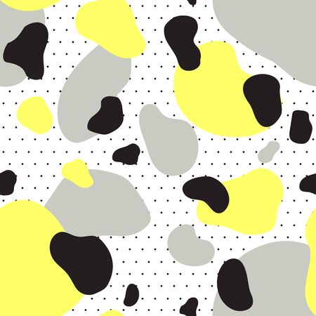 Abstract seamless chaotic pattern with military style. Modern wallpaper in trendy pastel colors. yellow, black and white. Background texture with spots and blots. Repeat endless design. Vector.のイラスト素材