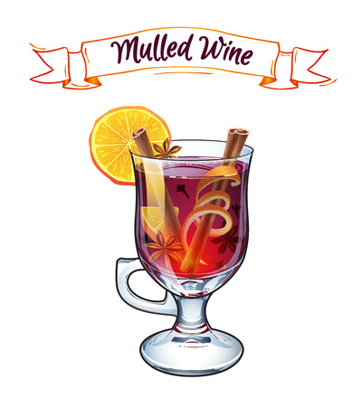 Mulled wine. Autumn drink. Christmas holiday alcoholic cocktail. Vector EPS10 . Colorful realistic hand drawn illustration. Selected ingredients. Anise star, cinnamon sticks, orange, wine and clovesのイラスト素材