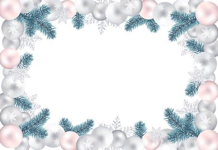 Blank christmas background for congratulations. Toys, snowflakes and fir branches. Mother-of-pearl, silver and green colors.のイラスト素材