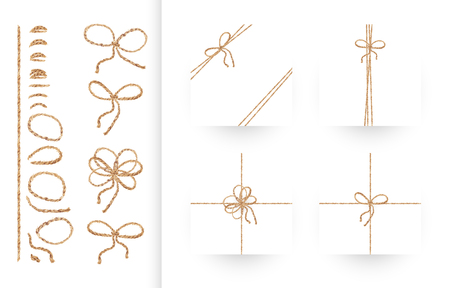 Set of ribbons, bows and ornaments made of natural linen rope and twines Realistic illustration vectorのイラスト素材