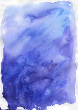 Watercolor background with paint blue drips. Abstract watercolour backdrop. Technique on raw. Wet texture. The effect of rain on the glass or gloomy rainy sky.の写真素材