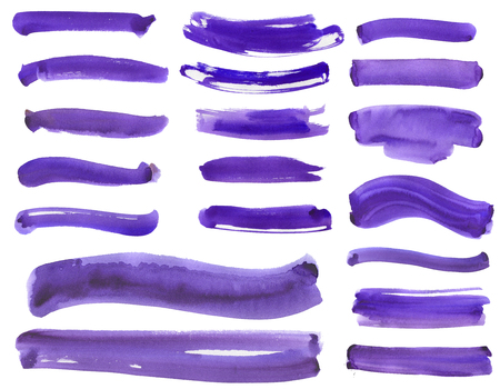 Ultraviolet watercolor set of multiple straight and curved watercolor paint handmade. Kit brush strokes isolated on white background as a backdrops design element collection. Lavender, purple colors.の写真素材
