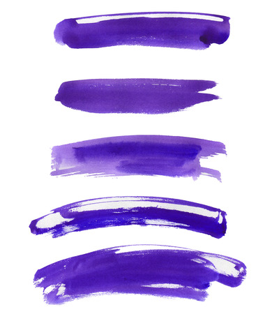 Set of multiple straight and curved watercolor paint handmade brush strokes isolated on the white background as a backdrops design element collection. Ultra violet, lavender, violet, purple colors.の写真素材