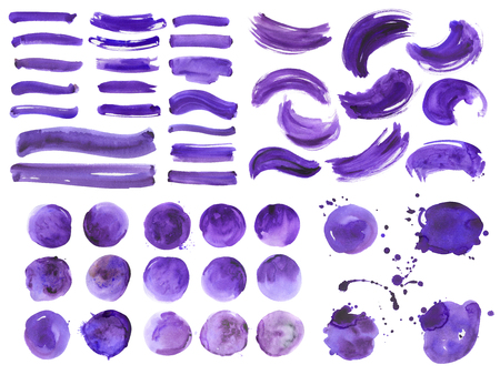 Big bundle of watercolor ultra violet brushstrokes, spots and streaks. Isolated on white background. High quality.の写真素材