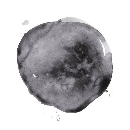 Hand-drawn watercolor black round spot. Ink cirkle stain. Use for wrap, wallpaper, website, decor. Isolated on white background. Wet texture, grained paper. A deep rich color.の写真素材