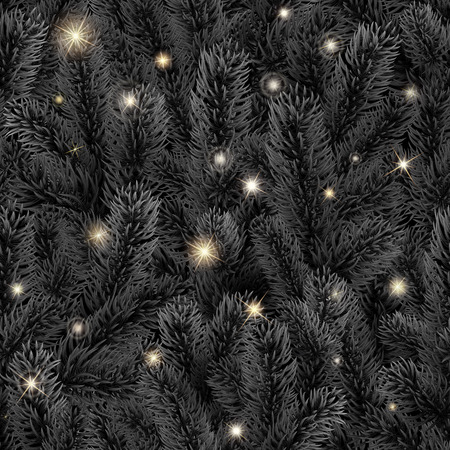 Seamless trendy black pattern. Christmas tree branches. Realistic illustration. Golden glowing stars. Shining sparks. The branches of the pine are scattered randomly over the background. Vector. EPS10のイラスト素材