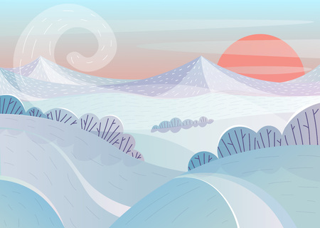 Winter landscape at sunset. Mountains, field, trees in snow and Blizzard.のイラスト素材