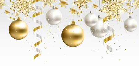 Festive Christmas seamless pattern decoration for website, social networks, blog or your video channel. Horizontal the endless tape. White and gold christmas balls and serpentine with glitter.のイラスト素材