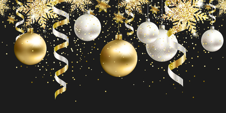 Horizontal Christmas seamless pattern decoration for website, social networks, blog or your video channel. Holiday the endless tape. Black and gold christmas balls and serpentine with glitter. EPS 10.のイラスト素材