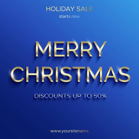 Christmas sale up to 50 percent. Blue banner. Shiny gold text with glitter. The square banner for advertising in social networks, on the website and search engines.のイラスト素材