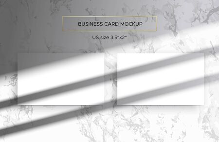 Two Business card Mockups in white marble background. Overlay of the shadows of natural lighting. Photorealistic 3d vector illustration. Scene shadows from the window. Business cards 3.5x2 inch.のイラスト素材