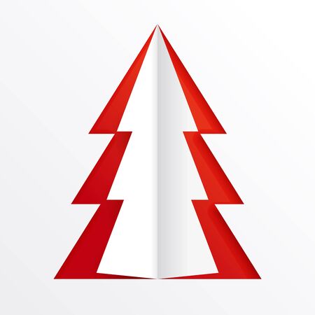 Cut from white paper Christmas tree on a red background. A hole in the paper in the shape of a fir tree. Christmas graphic element for design.のイラスト素材