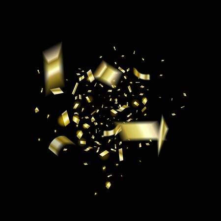 Explosion of gold confetti in the center on a black background. A pieces golden foil.のイラスト素材