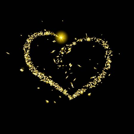 Gold pieces of confetti fly along the way in the shape of a heart on a blackのイラスト素材