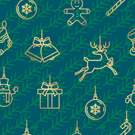 Green and gold Christmas seamless pattern with new year iconsのイラスト素材