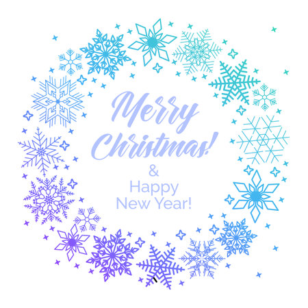 Wreath from Blue snowflakes with text Merry Christmas and Happy New Yearのイラスト素材