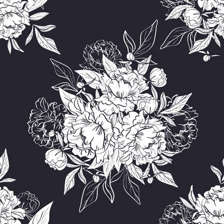 seamless black and white pattern with peonies and leavesのイラスト素材