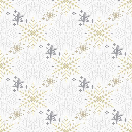 Seamless Christmas background with scattered gold and gray snowflakesのイラスト素材