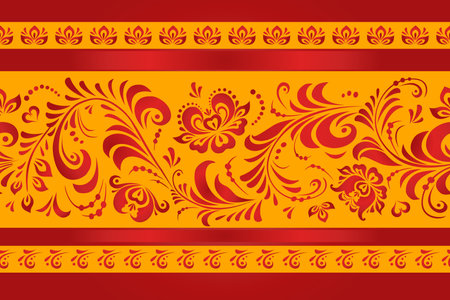 A horizontal seamless Ornament with red flowers and leavesのイラスト素材