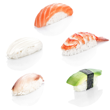 collage of various sushi japanese restaurant menu on  white background.の写真素材