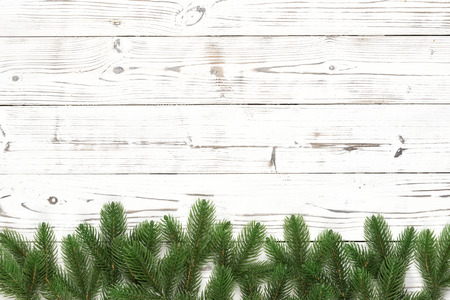 Christmas background with fir branches on white wooden board.