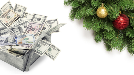 Pile us dollars money on Christmas  isolated background.の写真素材