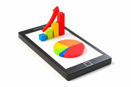Chart showing growth and pie chart data on smartphoneの写真素材
