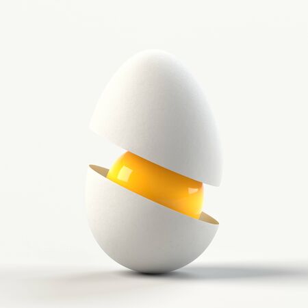 3D illustration of egg shell and yolk cut diagonallyの写真素材