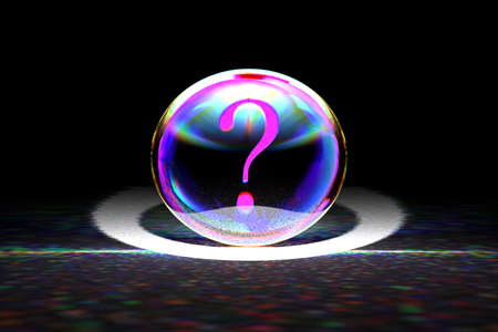3D illustration of a question mark inside a transparent glass sphereの写真素材