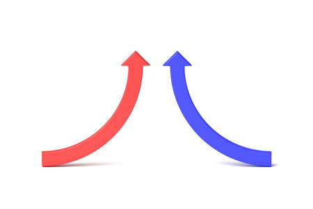 3D illustration of rising red and blue arrows