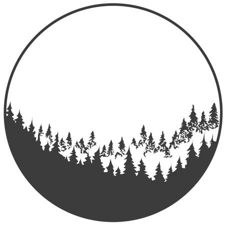 Forest turning from dark to light, inscribed in a circle. Black and white vector sketch.のイラスト素材