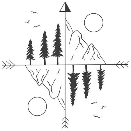 Mountains, forest, sun and birds located in different directions of the compass. Black and white vector sketch.のイラスト素材